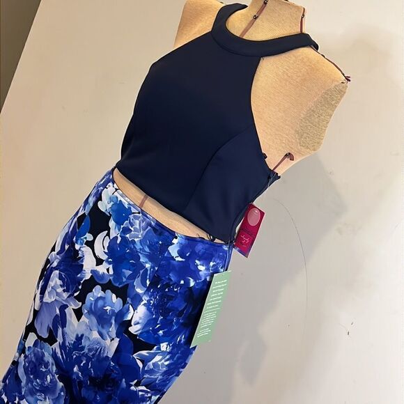 NWT My Michelle 2-Piece Halter Mermaid Blue Floral Formal Prom Dress - Size 11 - Picture 14 of 16